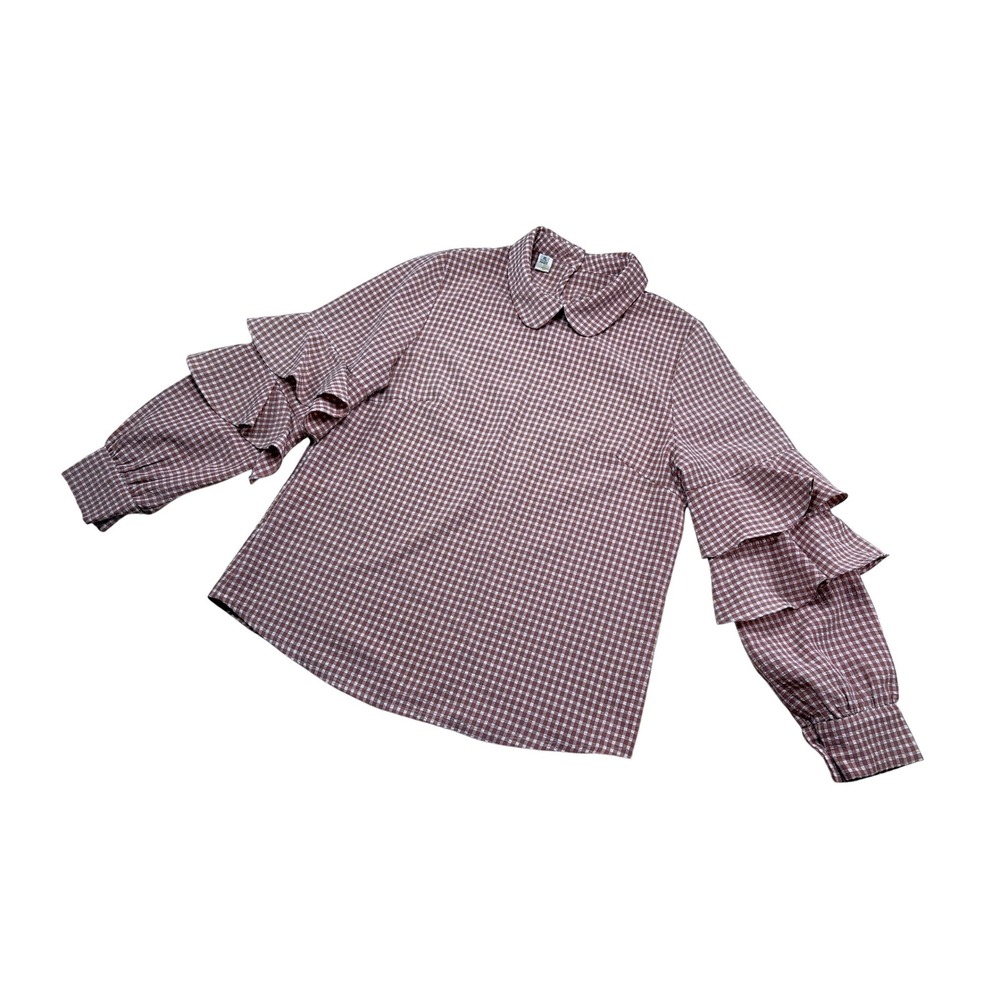Gingham Seersucker Peter Pan Collar Blouse Ruffle Tiered Sleeve Mauve XL